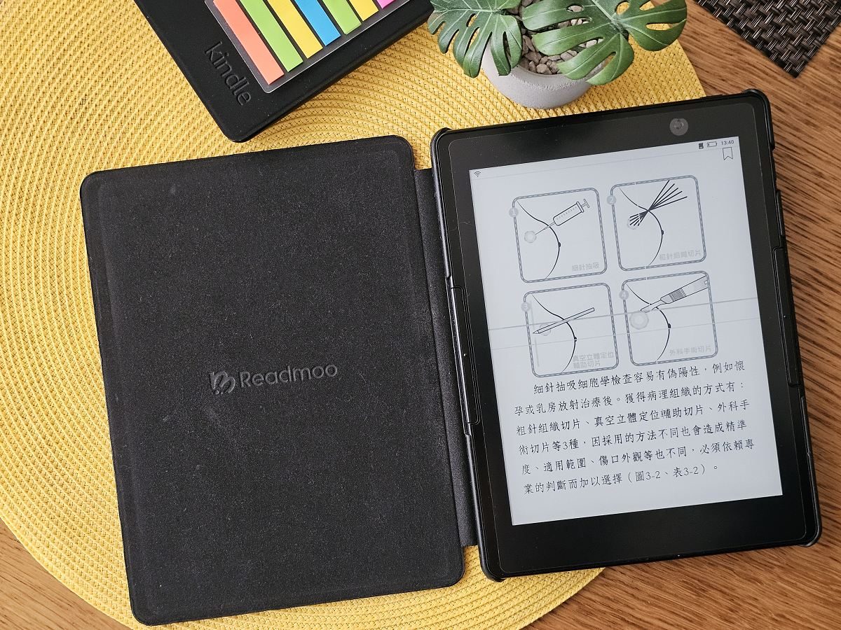 攤開黑色保護殼、印有 Readmoo 字樣的電子書閱讀器，螢幕顯示乳房病理切片方式的醫學圖解與說明文字，一旁放著彩色標籤紙與一盆黃金葛。